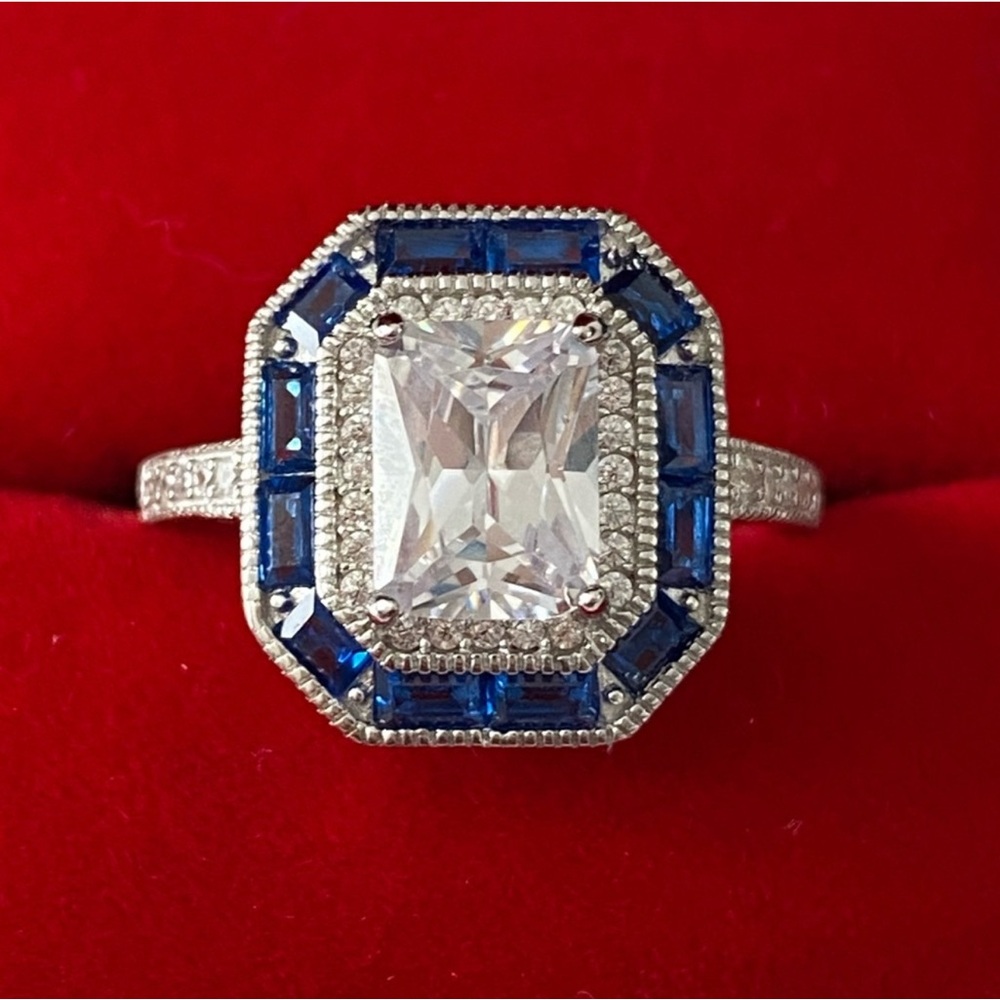 Sterling Silver Lab Sapphire Ring with Intricate Detailing Size 7 - Picture 14 of 15